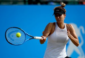 NOTTINGHAM, ENGLAND - JUNE 16:  Tsvetana Pironkova of Bulgaria plays a forehand during her quarter-final match against Lucie Safarova of the Czech Republic during day five of the Aegon Open Nottingham at the Nottingham Tennis Centre on June 16, 2017 in Nottingham, England.  (Photo by Jordan Mansfield/Getty Images for LTA)