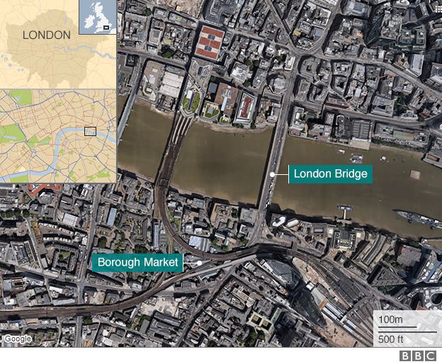 Карта на Лондон с отбелязани местата на нападението в ранните часове на 4-ти юли.