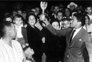 1962 World Cup Finals. Chile. Brazil's Garrincha on return from Chile with the Jules Rimet trophy after the Final.