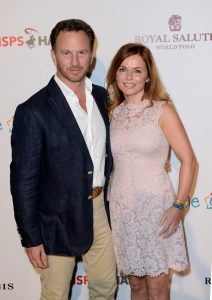 ABU DHABI, UNITED ARAB EMIRATES - NOVEMBER 20: Christian Horner and Geri Halliwell attend the Sentebale Polo Cup presented by Royal Salute World Polo at Ghantoot Polo Club on November 20, 2014 in Abu Dhabi, United Arab Emirates. (Photo by Samir Hussein/Getty Images for Royal Salute)