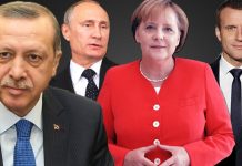Руският президент Владимир Путин, канцлерът на Германия Ангела Меркел, френският президент Еманюел Макрон и турският им колега Реджеп Ердоган