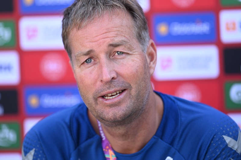 Треньорът на датския национален отбор Каспер Хюлманд по време на пресконференция в Елсинор, Дания, 05 юли. 2021 