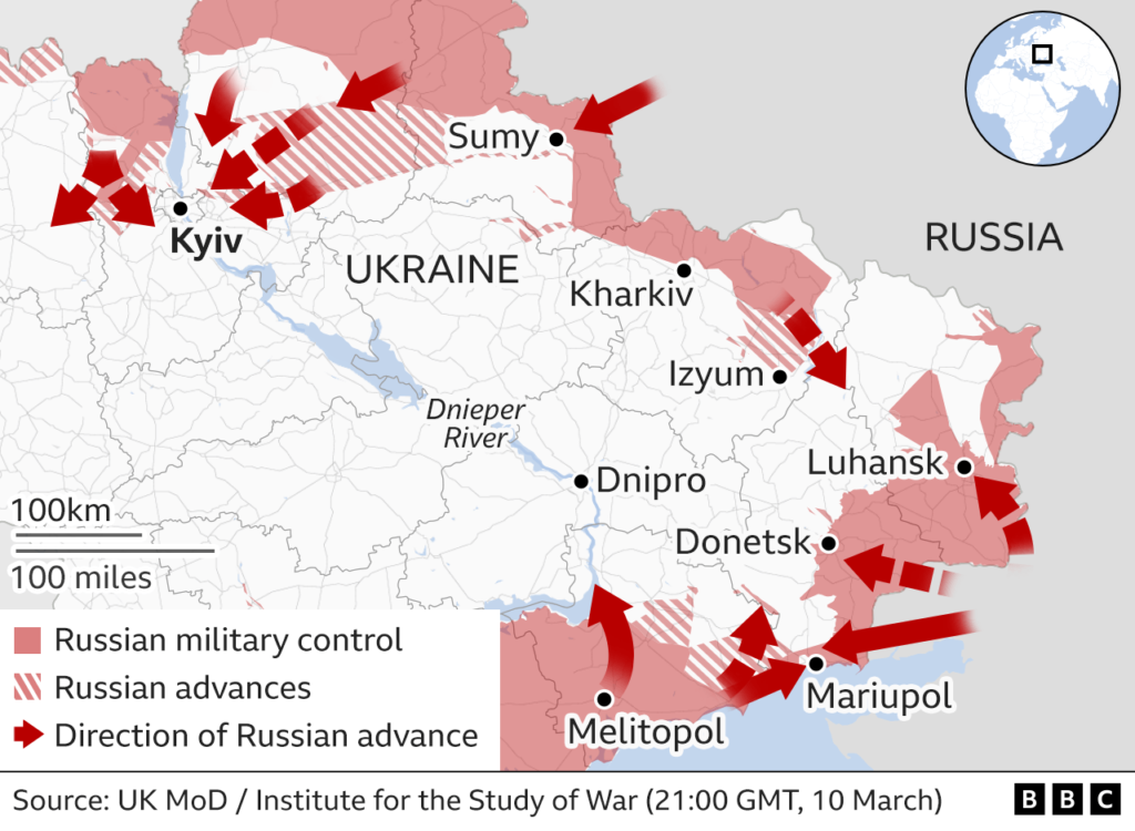 Карта, показваща руската инвазия в Украйна. Източник: ВВС