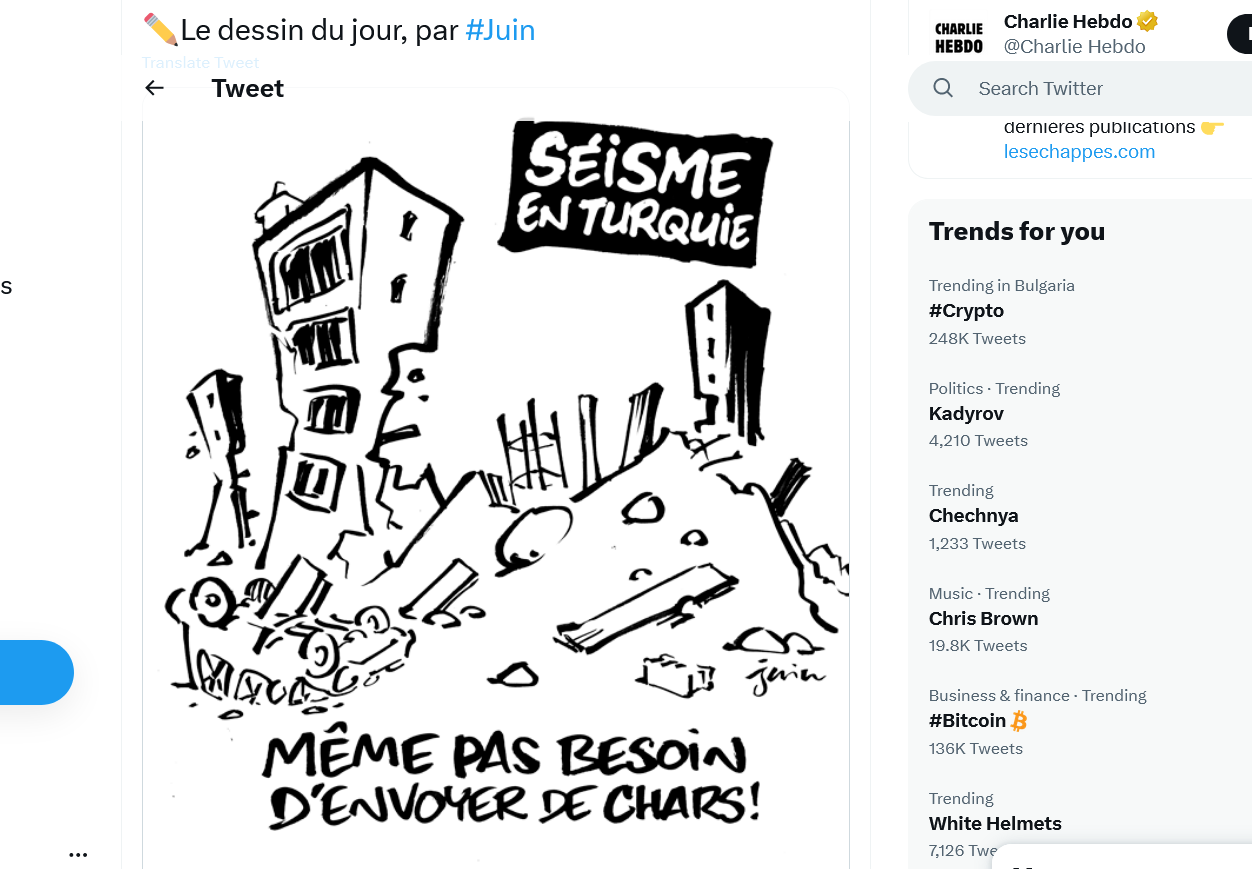 Карикатурата е публикувана в Туитър Френското сатирично списание Шарли Ебдо предизвика