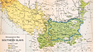 Ето една стара етнографска карта на южните славяни. Долу вляво си пише: словенци, сърбо-хървати, българи. За македонци не пише.