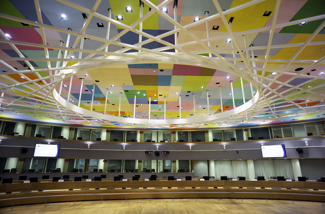 Заседателната зала на участниците в днешната среща на Европейския съвет. Снимка: ЕС