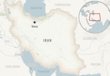 Карта на Иран с отбелязана столицата Техеран.