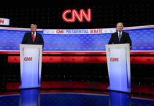 Момент от катастрофалните за президента на САЩ Джо Байдън (демократ) телевизионни дебати с кандидата на републиканците Доналд Тръмп