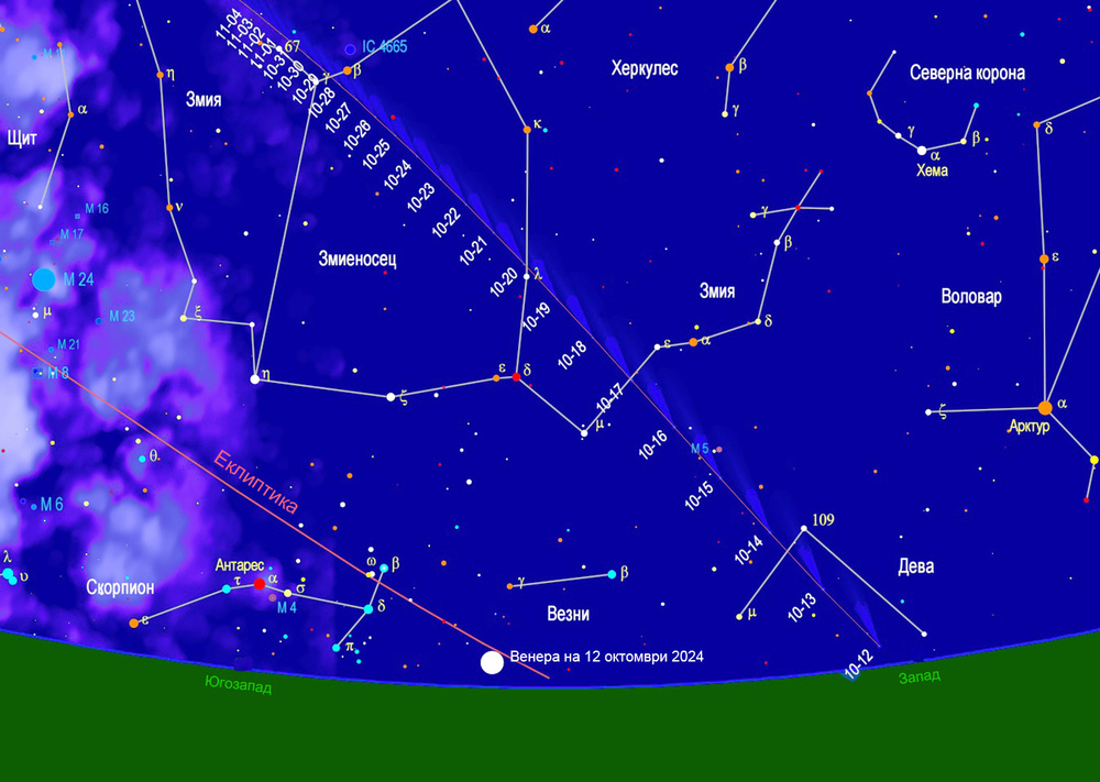 Небето на запад – югозапад на 12 октомври 2024 г. в 20:00 ч. за наблюдател от района на София