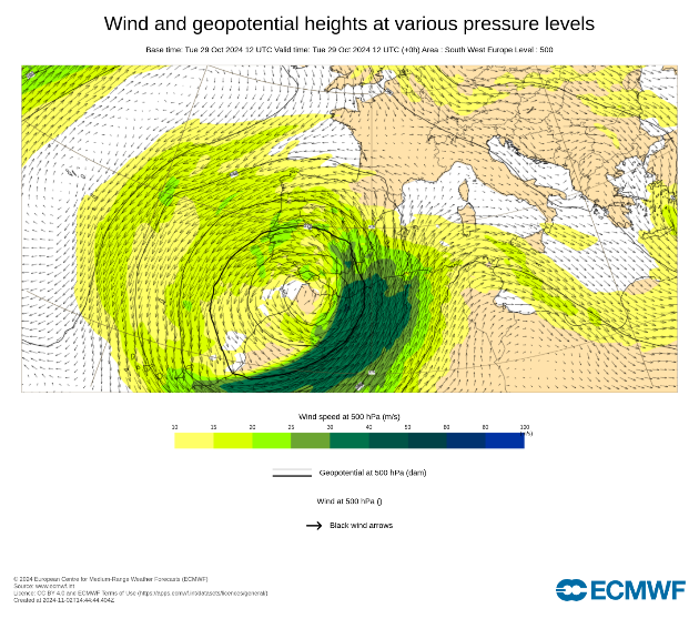 Фигура 2: Карта на вятъра и геопотенциалната височина в 12 UTC на 29 октомври. С тъмнозелено е означена зоната с най-силни ветрове (над 30 м/с (108 км/ч)). Източник: ECMWF