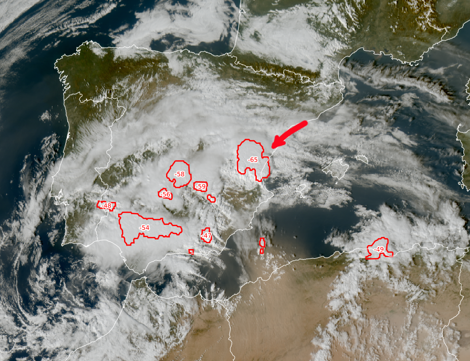 Фигура 4: Спътникова снимка от METEOSAT от 29 октомври в 14.00 UTC, показваща зоните с най-мощна купесто-дъждовна облачност в района на Валенсия. Източник: EUMETSAT. 