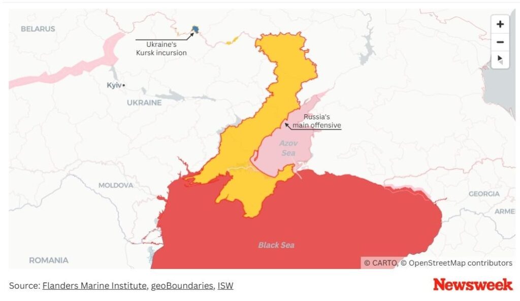 Третата карта описва, че нахлуването в Украйна може да възпламенителни Черно и Азовско море.