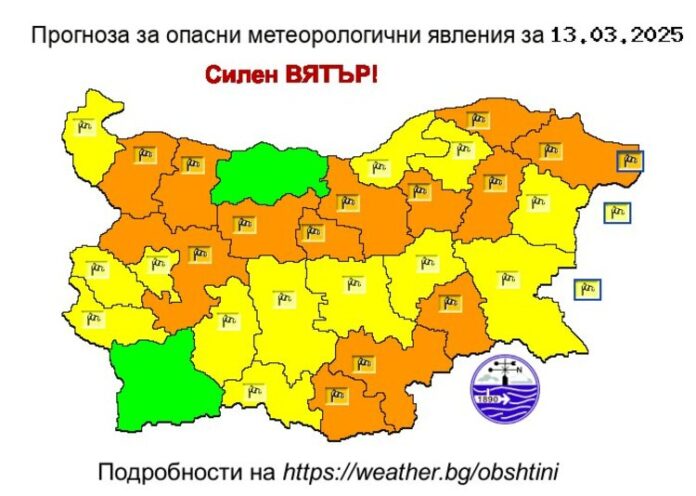 Жълт и оранжев код за силен вятър издаде за днес Националният институт по метеорология и хидрология
