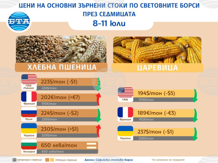 Разнопосочно движение в цените на основните зърнени стоки по световните борси през седмицата, по данни на Софийската стокова борса