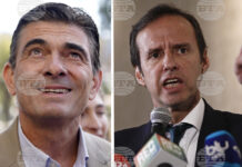 Кандидатът на Християндемократическата партия за президент на Боливия Родриго Пас (вляво) и опонентът му Хорхе "Туто" Кирога.