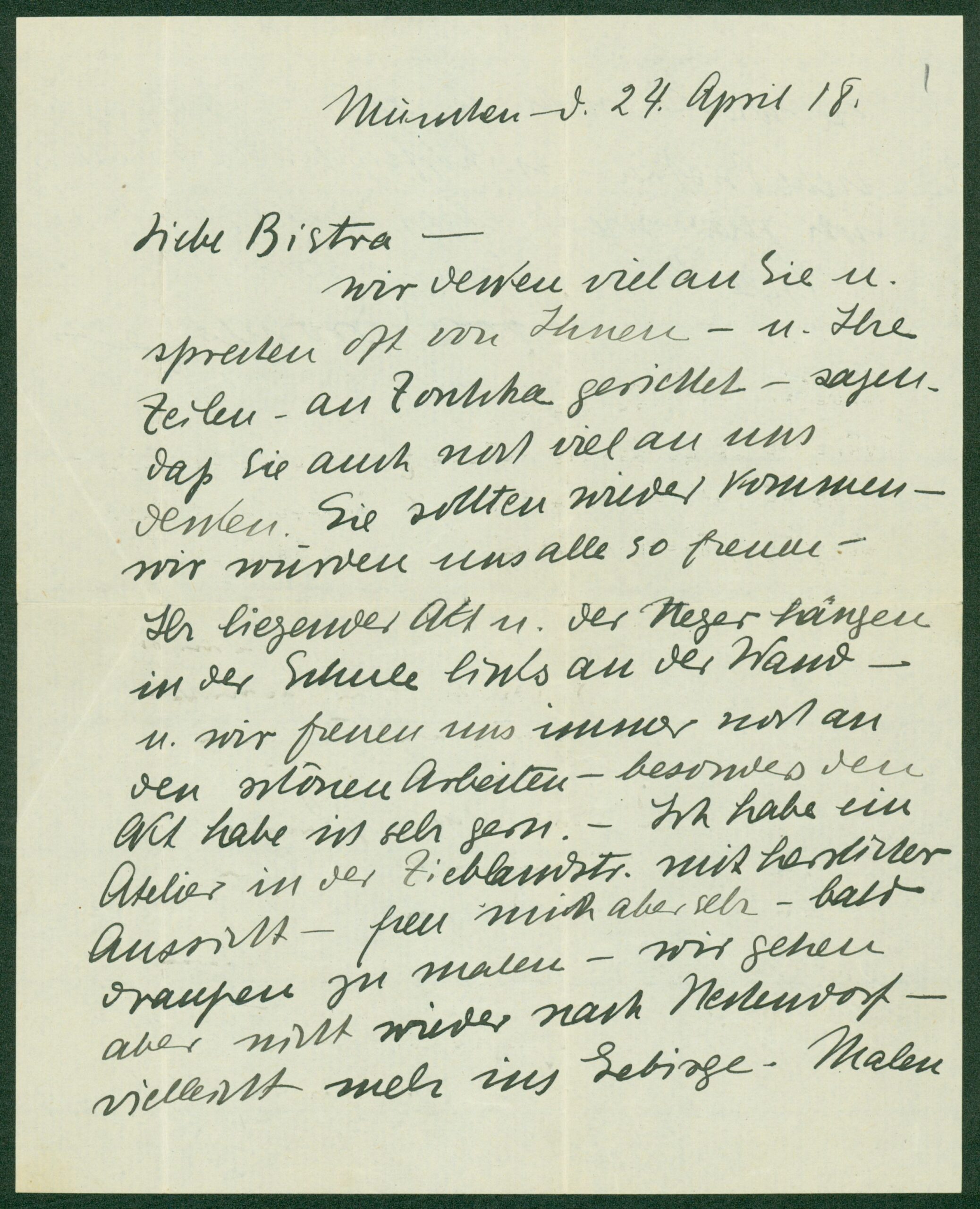  Писмо от Ханс Хофман, прибавено към писмо от сътрудник художник от Мюнхен, до Бистра Винарова. Мюнхен. 28 април 1918 година ЦДА, ф. 77К, оп. 5, а.е. 168, л. 1 и 1гр. 