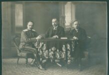 Генерал Иван Луков, Андрей Ляпчев и Симеон Радев членове на българската делегация на преговорите за примирие в Солун. ЦДА, ф. 77К, оп. 4, а.е. 1657