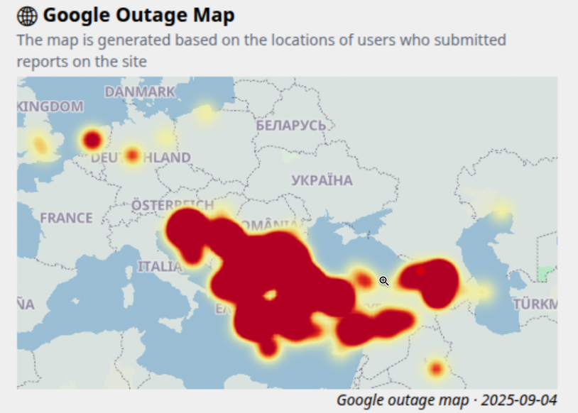 Карта, показваща къде е имало проблеми с услугите на Google 