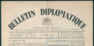 Съобщение за новоназначения пълномощен министър на България в Брюксел Симеон Радев в Дипломатически бюлетин, издание на Информационната служба за дипломатическия и светски живот в Белгия. Брюксел. Април 1938 г. ЦДА, ф. 77К, оп. 4, а.е. 42, л. 3