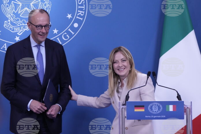 Фридрих Мерц и Джорджа Мелони по време на съвместната им пресконференция след срещата на върха Германия-Италия в Рим, 23 януари 2026 г.