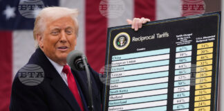 Доналд Тръмп показва таблицата с първоначалните митнически ставки на 2 април, 2025 г.