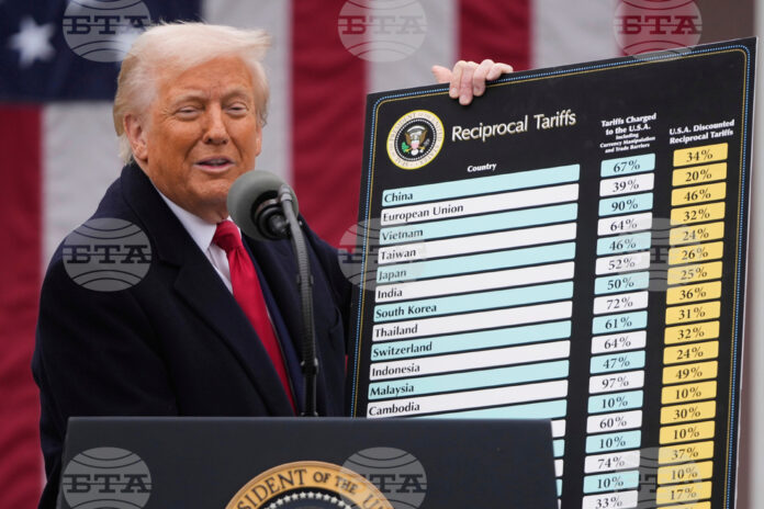 Доналд Тръмп показва таблицата с първоначалните митнически ставки на 2 април, 2025 г.