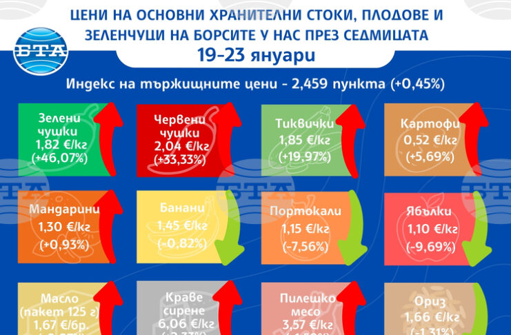 Значително поскъпват повечето зеленчуци на борсите у нас тази седмица, докато цените на плодовете се движат надолу, сочат данните на ДКСБТ