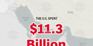 Инфографика с карта на Близкия изток и оценка за разходите на САЩ през първата седмица на войната срещу Иран. Изображение: AП