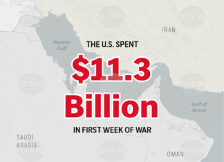 Инфографика с карта на Близкия изток и оценка за разходите на САЩ през първата седмица на войната срещу Иран. Изображение: AП