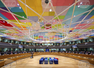 Заседателната зала в сградата на Европейския съвет в Брюксел, 10 май 2022 г.