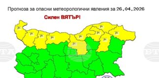 Националният институт по метеорология и хидрология обяви за утре жълт код за силен вятър в няколко области на страната