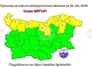Националният институт по метеорология и хидрология обяви за утре жълт код за силен вятър в няколко области на страната