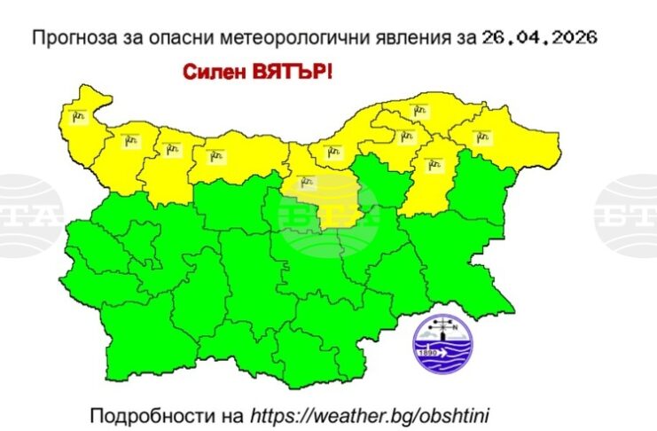 Националният институт по метеорология и хидрология обяви за утре жълт код за силен вятър в няколко области на страната