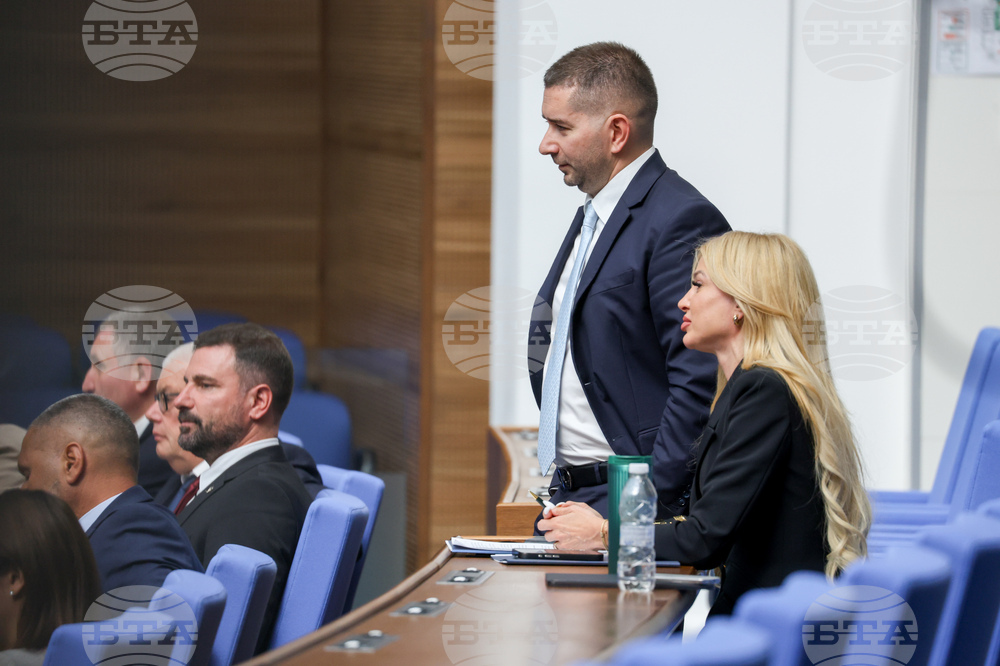 На снимката: депутатът от "Прогресивна България" Слави Василев и заместник-министърът на икономиката, инвестициите и индустрията Михаела Карадимова