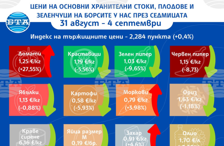 Повечето плодове и зеленчуци поевтиняват през седмицата, ръст има при цените на основните храни, отчита ДКСБТ