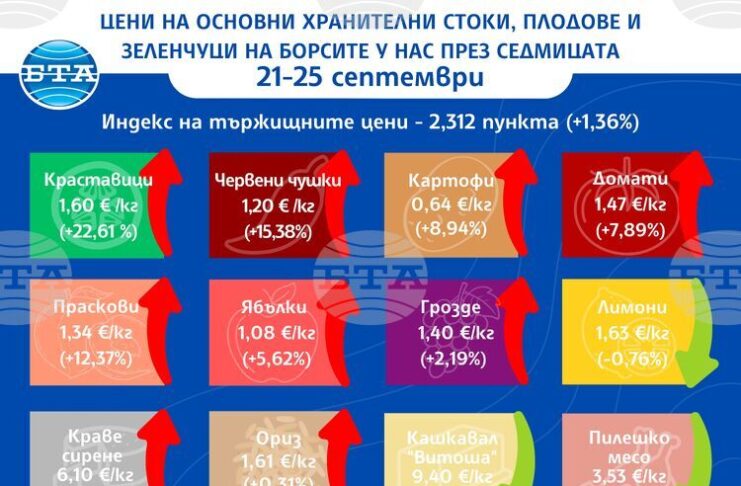 Повечето зеленчуци и плодове поскъпват на борсите у нас тази седмица, показват данните на Държавната комисия по стоковите борси и тържищата