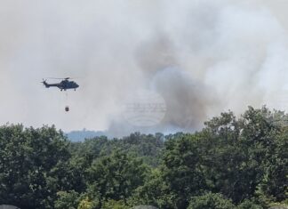 Военен хеликоптер „Кугър“ се включи отново в гасенето на големия горски пожар над село Антон